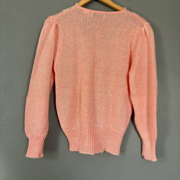 VINTAGE 1980’s Pink Sweater Coquette Pearl Beaded Fuzzy Lace Girly Soft Size M - Picture 11 of 12
